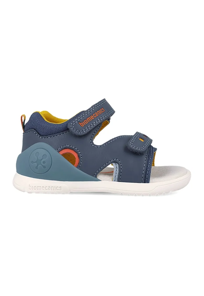 Sandale din piele cu varf decupat si garnituri din material textil, Albastru inchis/Albastru prafuit/Galben mustar
