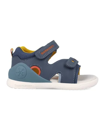 Sandale din piele cu varf decupat si garnituri din material textil, Albastru inchis/Albastru prafuit/Galben mustar