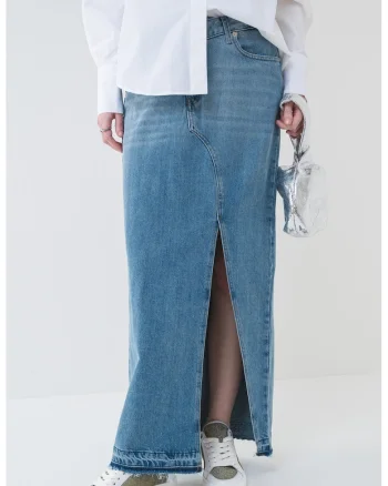 Fusta midi de denim, Albastru deschis melange