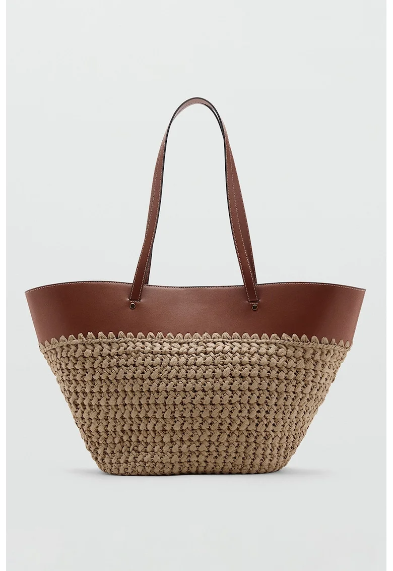 Geanta shopper din paie cu garnitura din piele ecologica, Maro/Bej