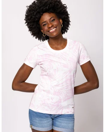 Tricou cu imprimeu si decolteu la baza gatului Metera, Alb/Roz pastel
