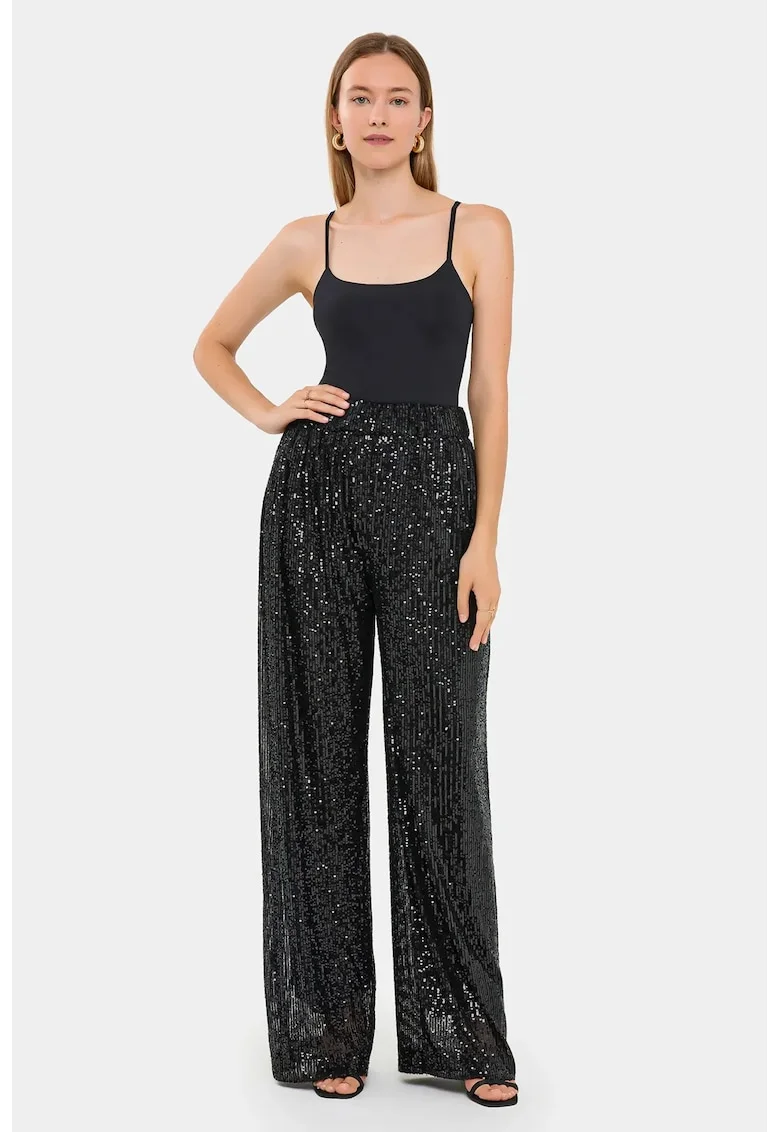 Pantaloni dama,  cu talie inalta, poliester, Negru, Negru