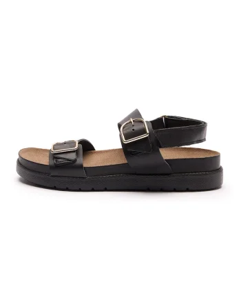 Sandale de piele cu talpa plata si catarama, Negru