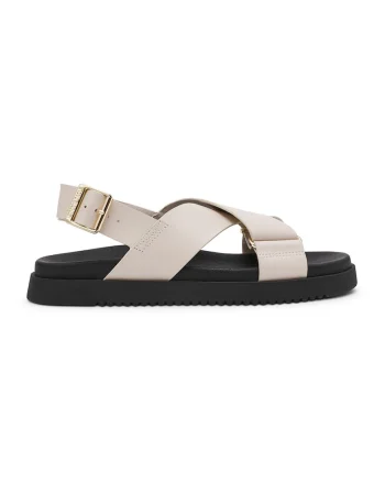 Sandale de piele cu talpa joasa si catarama, Negru/Maro camel