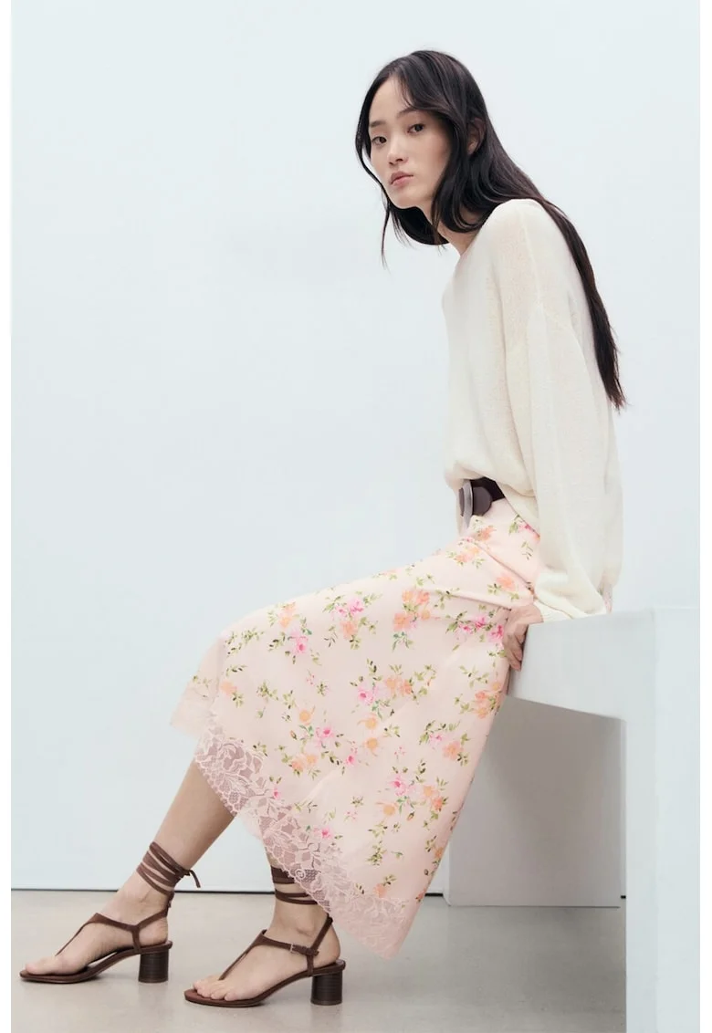 Fusta cu model floral si terminatie de dantela Bias, Verde/Portocaliu/Roz pal