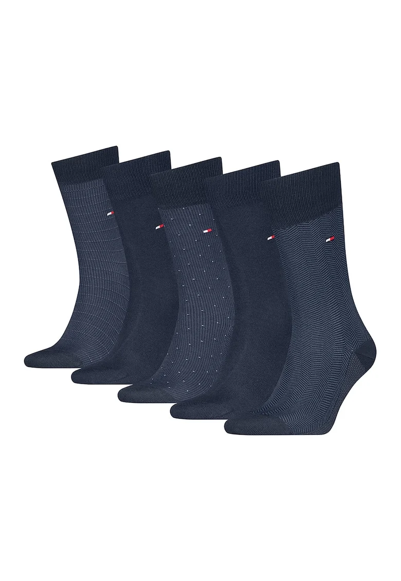 Set de sosete lungi uni cu logo si model - 5 perechi, Albastru inchis/Albastru ultramarin