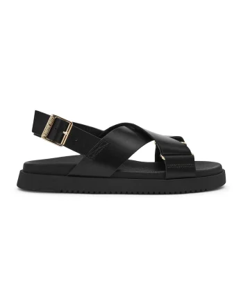 Sandale de piele cu talpa joasa si catarama, Negru