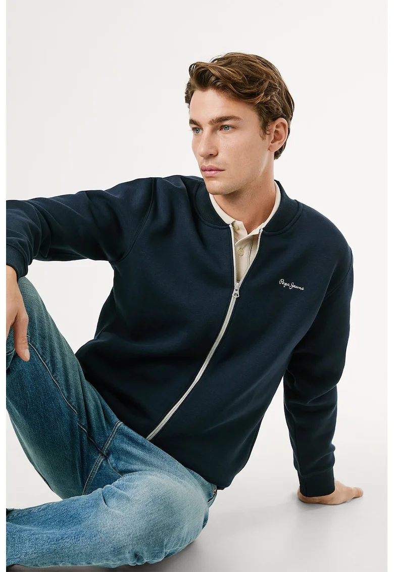 Bluza de trening de bumbac, cu fermoar, Bleumarin