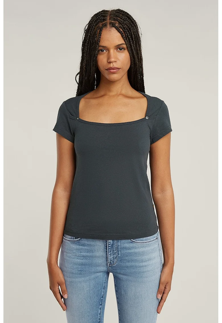 Tricou din bumbac organic cu decolteu patrat, Albastru petrol