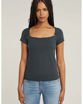Tricou din bumbac organic cu decolteu patrat, Albastru petrol