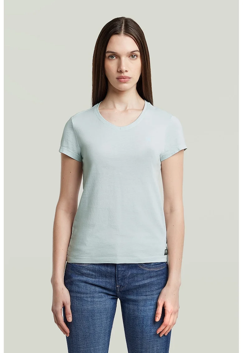 Tricou de bumbac organic cu decolteu in V Eyben, Albastru glaciar
