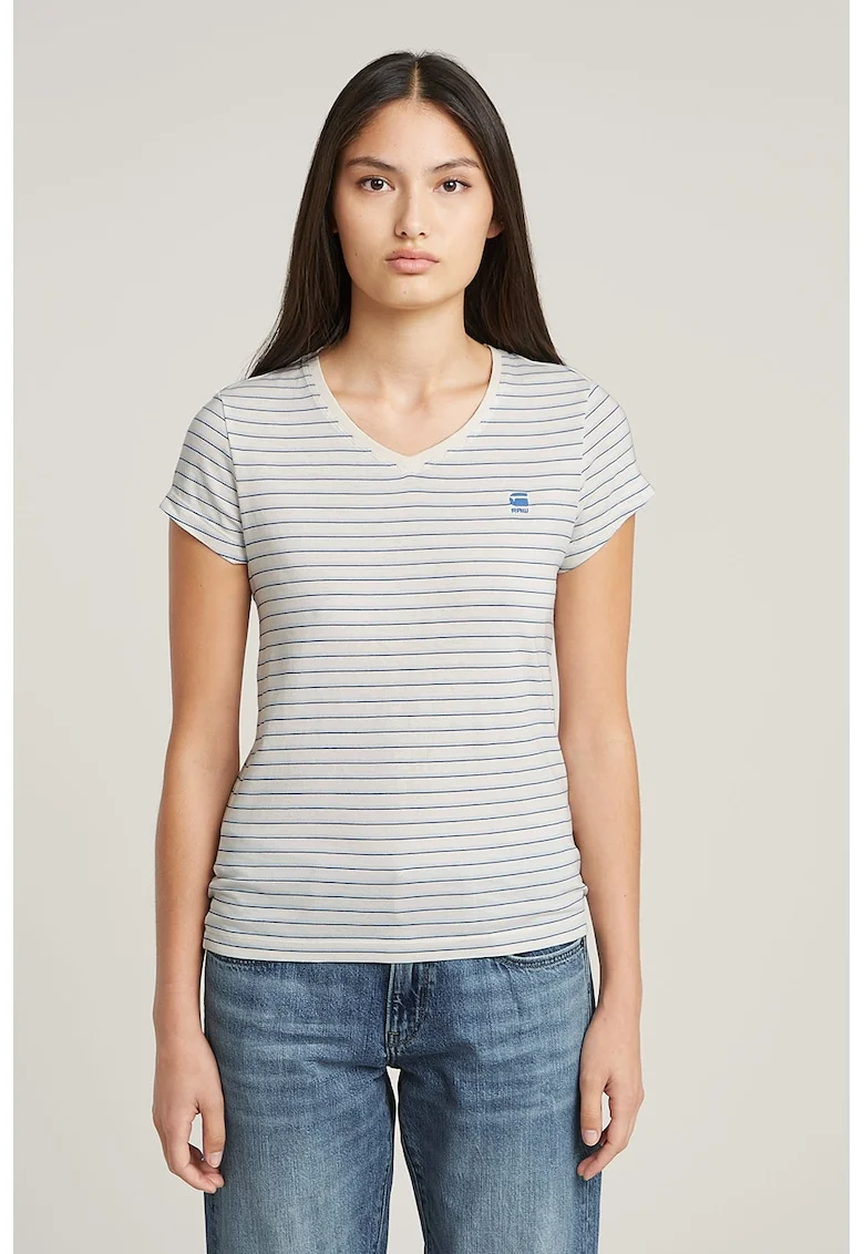 Tricou de bumbac organic cu decolteu in V Eyben, Albastru pastel/Albastru royal/Alb optic