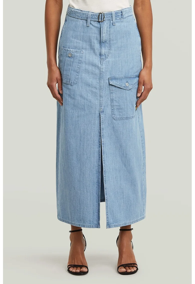 Fusta din denim cu croiala dreapta si buzunare, Albastru