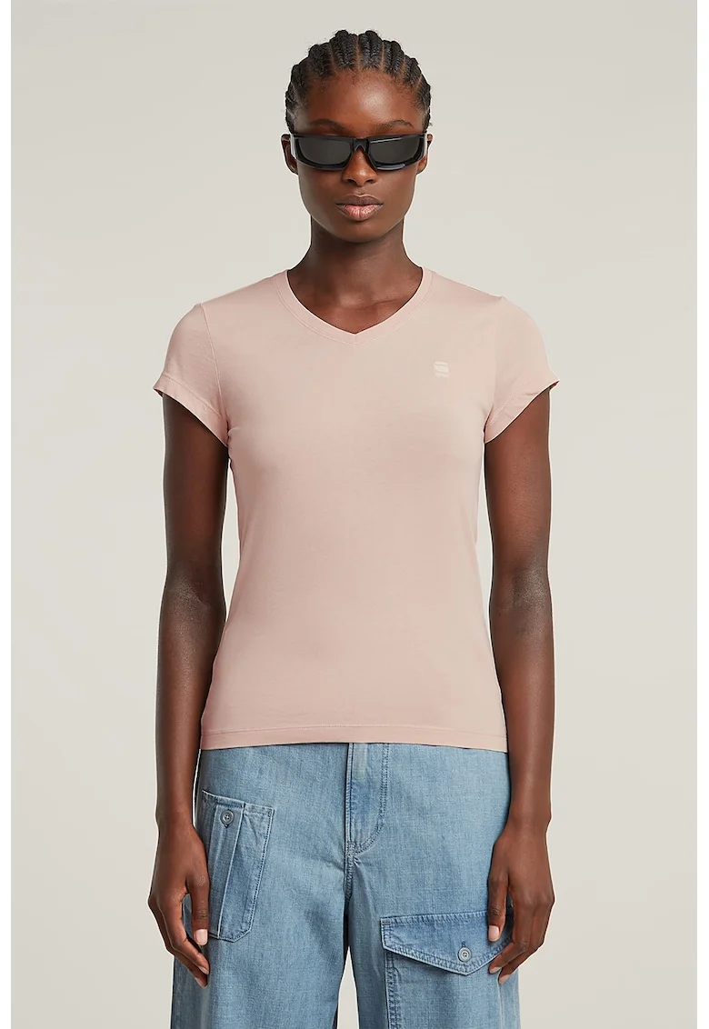 Tricou de bumbac organic cu decolteu in V Eyben, Roz pastel