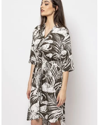 Rochie cu model si cordon in talie, Kaki inchis/Alb murdar