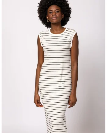 Rochie midi din amestec de modal cu model in dungi Vivero, Alb fildes/Negru