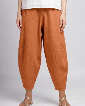 Pantaloni salvari din in cu croi lejer si volumetric, caramizii