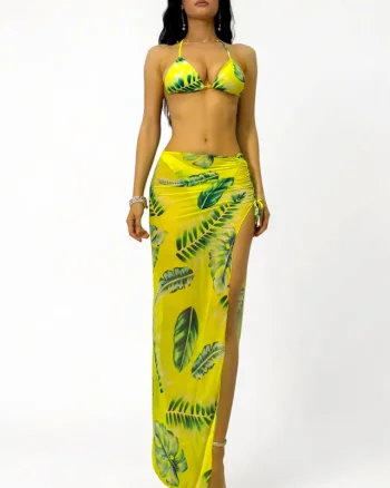 Set plaja trei piese YARINA, fusta cu snur reglabil, slip brazilian si sutien, Galben