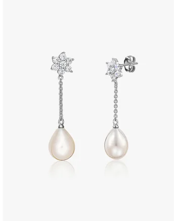 Cercei drop din argint decorati cu perle si zirconia, Alb/Argintiu