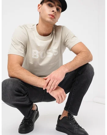 Tricou cu imprimeu logo si decolteu la baza gatului, Crem