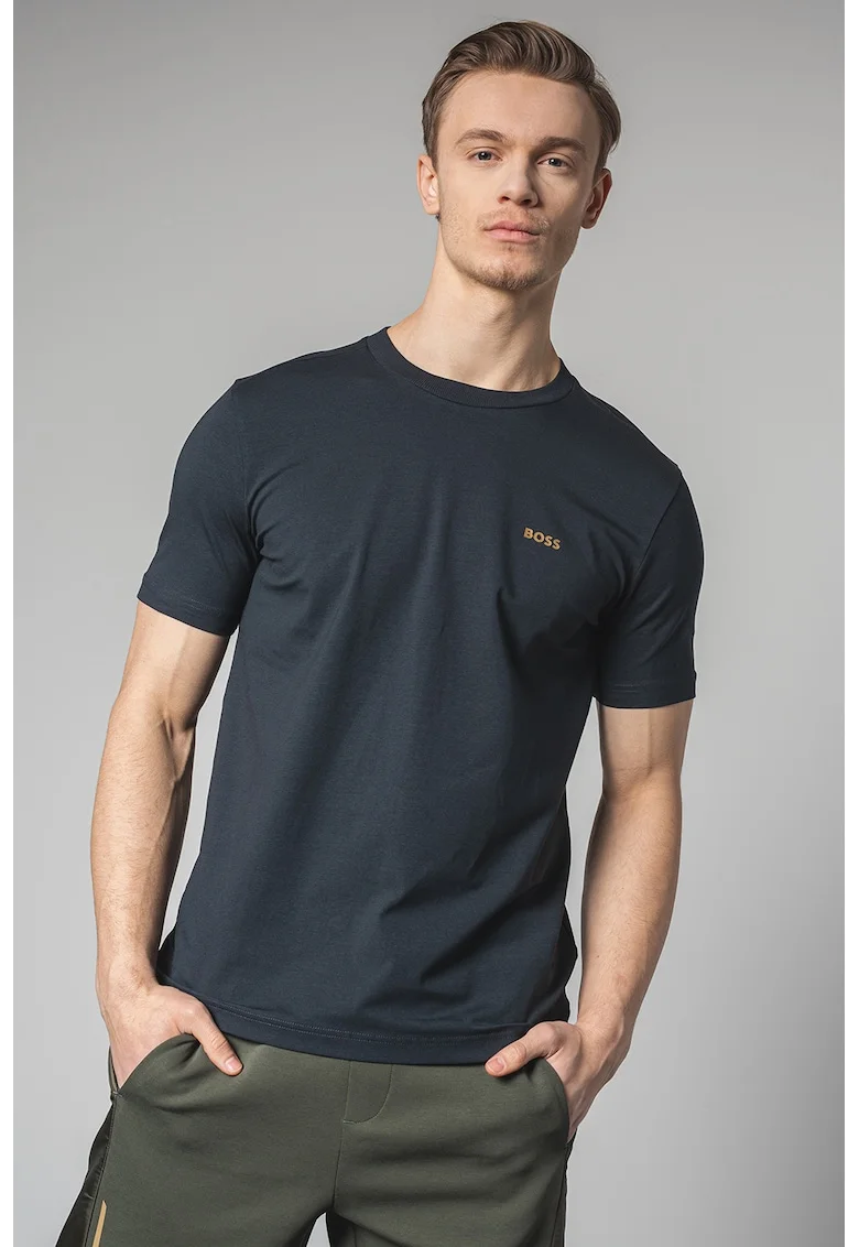 Tricou cu logo discret si decolteu la baza gatului, Albastru ultramarin