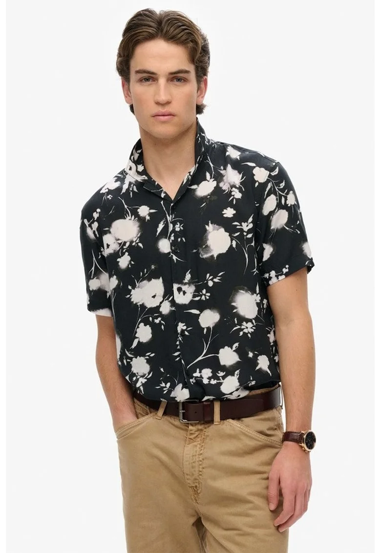Camasa cu model floral si maneci scurte, Alb/Negru stins