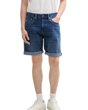 Bermude din denim cu terminatii plisate, Bleumarin