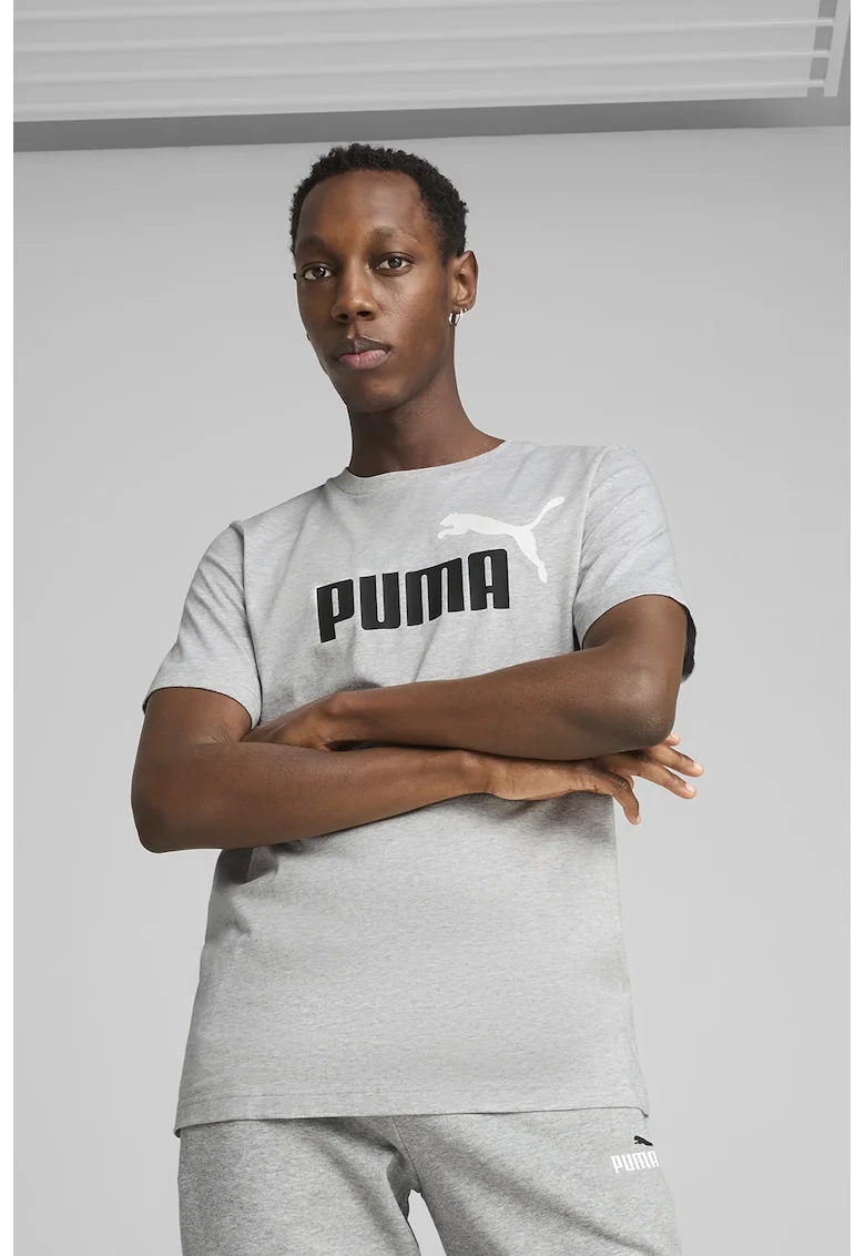 Tricou cu decolteu la baza gatului si imprimeu logo Essentials 2, Alb/Negru/Gri melange