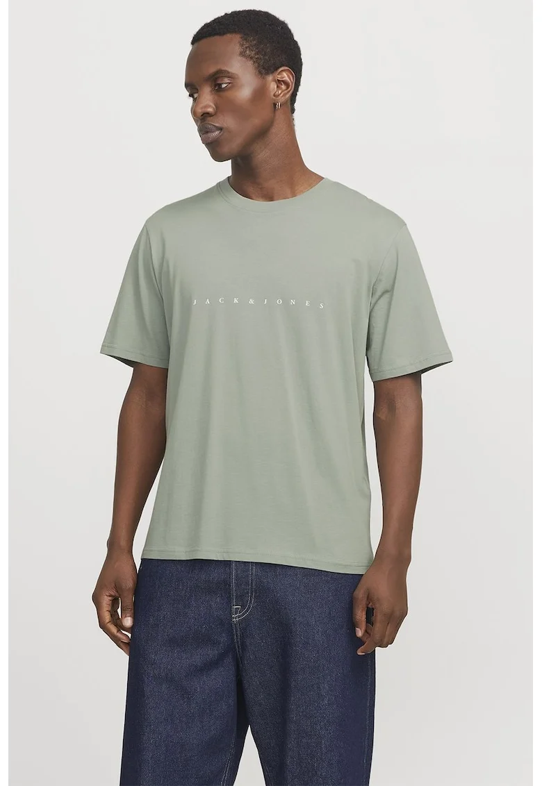 Tricou cu decolteu la baza gatului si imprimeu logo, Verde deschis