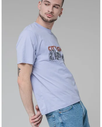Tricou cu model grafic si decolteu la baza gatului, Lila