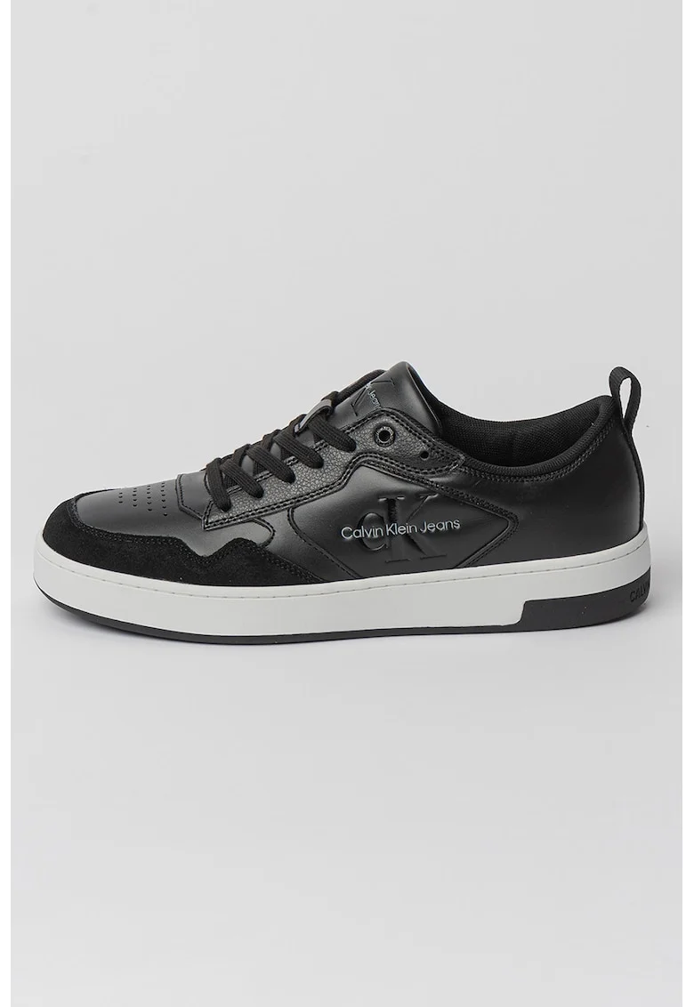 Pantofi sport de piele cu garnituri de piele intoarsa, Negru/Alb optic