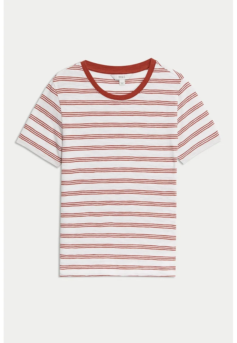 Tricou cu decolteu rotund si model in dungi, Maro/Alb murdar