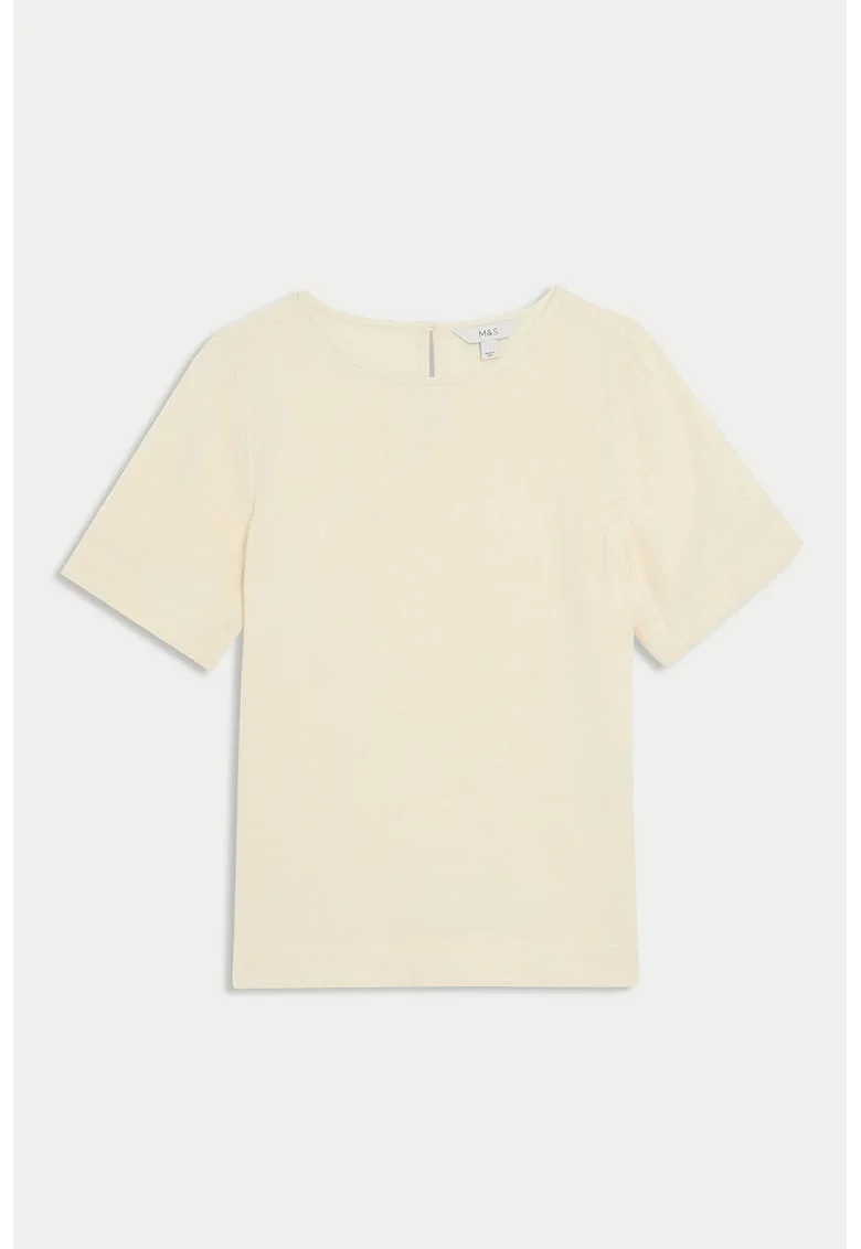 Tricou de bumbac cu decolteu rotund, Crem