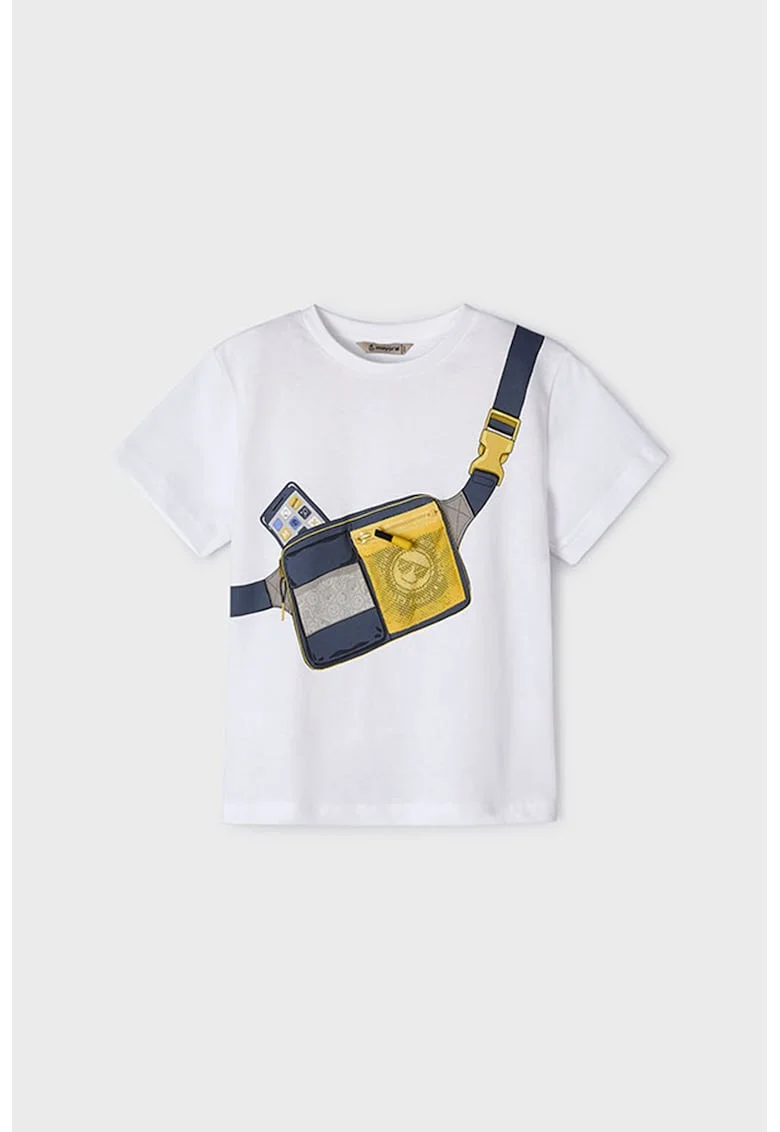 Tricou cu decolteu la baza gatului si imprimeu grafic, Alb/Bleumarin