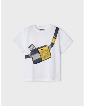 Tricou cu decolteu la baza gatului si imprimeu grafic, Alb/Bleumarin