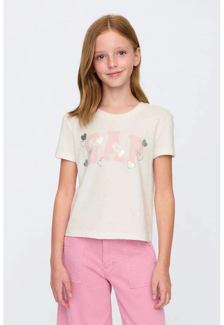 Tricou din bumbac cu imprimeu logo, Alb murdar/Roz