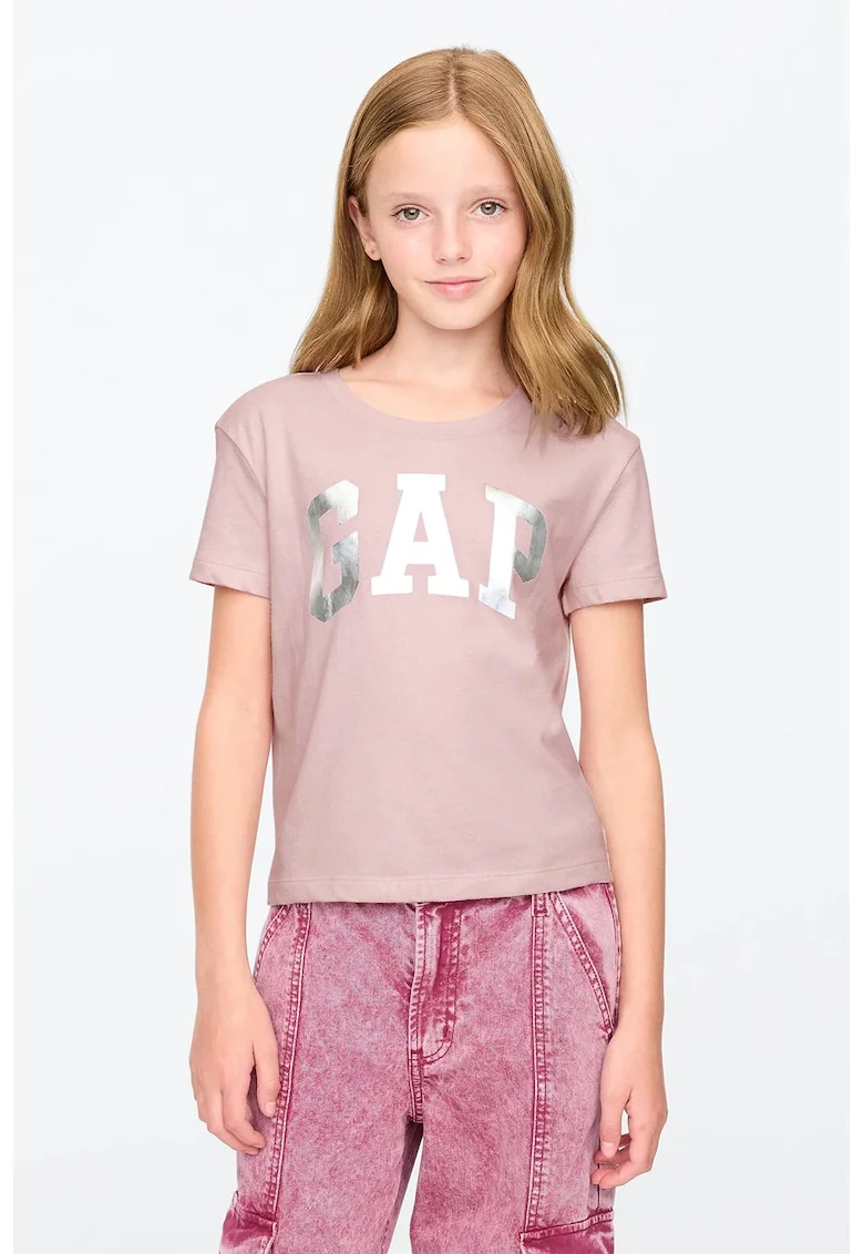 Tricou din bumbac cu imprimeu logo, Roz prafuit/Argintiu