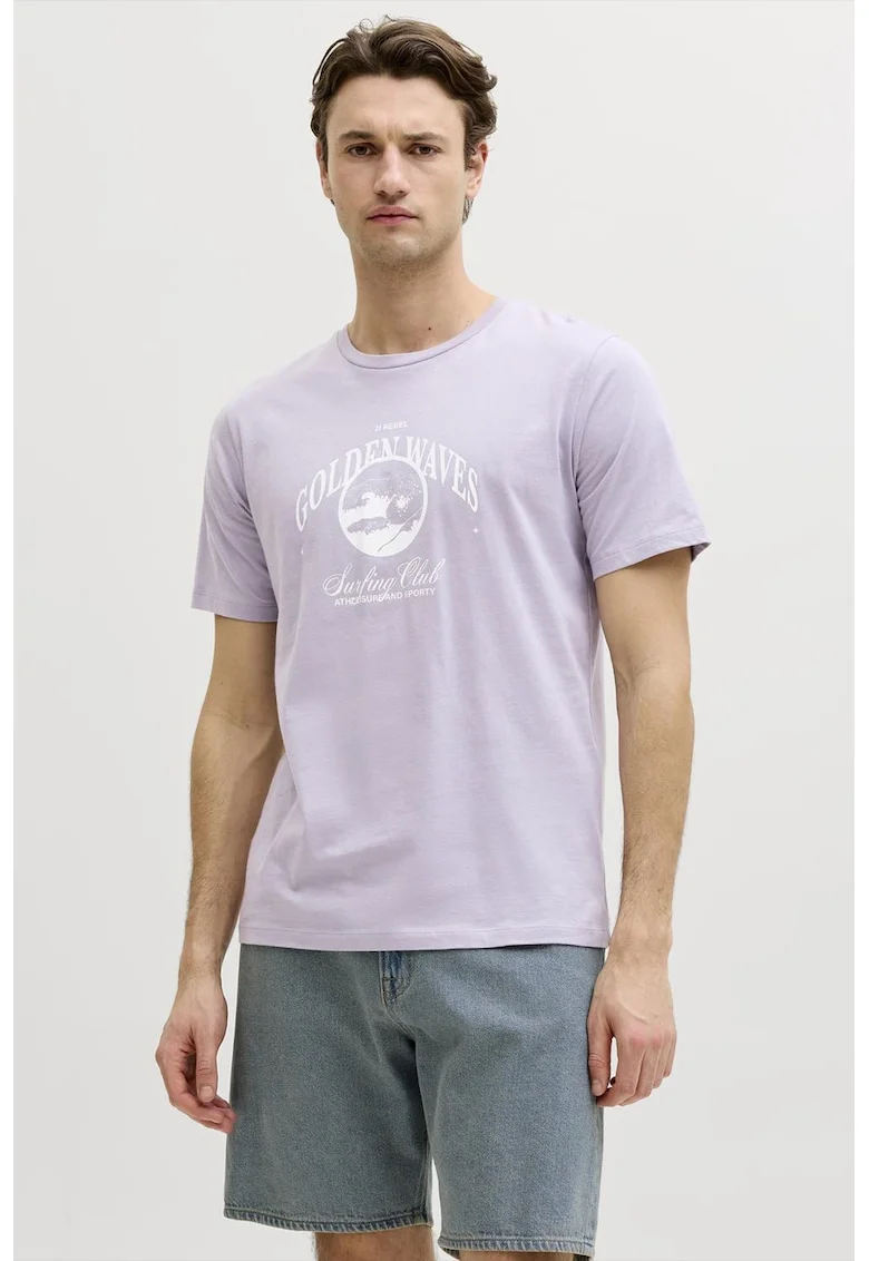 Tricou cu decolteu la baza gatului si imprimeu grafic, Lila