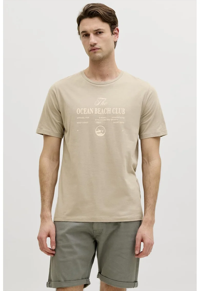 Tricou cu decolteu la baza gatului si imprimeu grafic, Bej