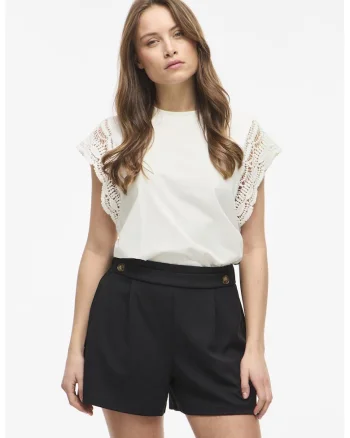 Tricou din bumbac organic cu maneci crosetate, Alb