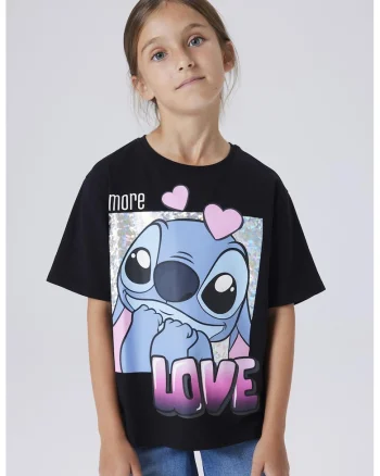 Tricou lejer cu imprimeu Stitch, Negru/Roz/Albastru deschis