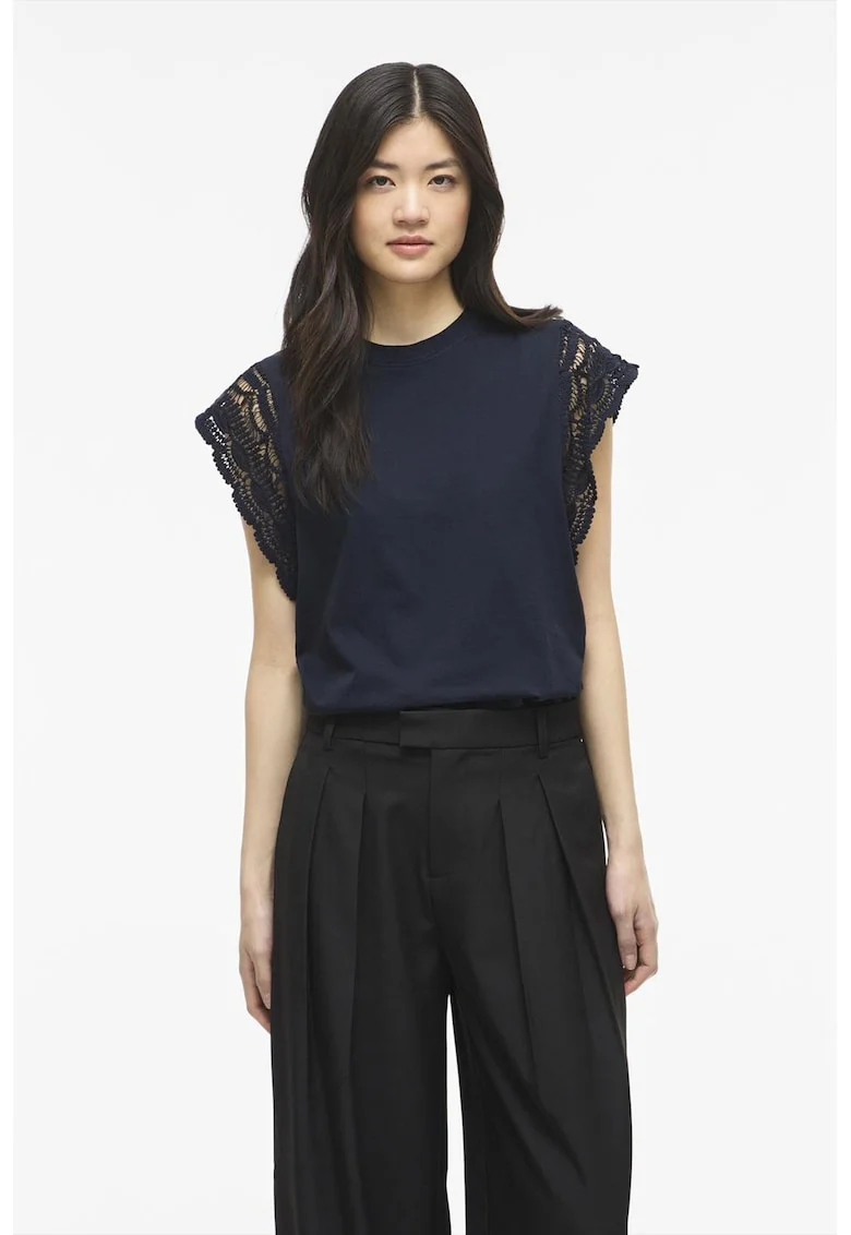 Tricou din bumbac organic cu maneci crosetate, Bleumarin
