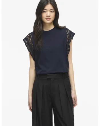 Tricou din bumbac organic cu maneci crosetate, Bleumarin