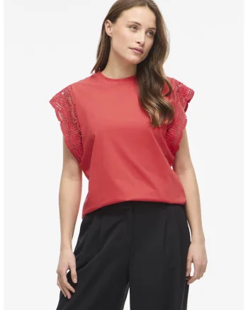 Tricou din bumbac organic cu maneci crosetate, Coral