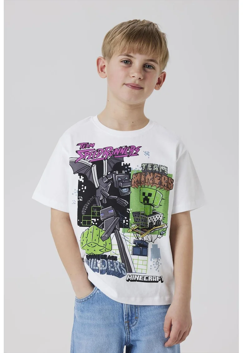 Tricou din bumbac organic cu imprimeu grafic, Verde/Alb optic
