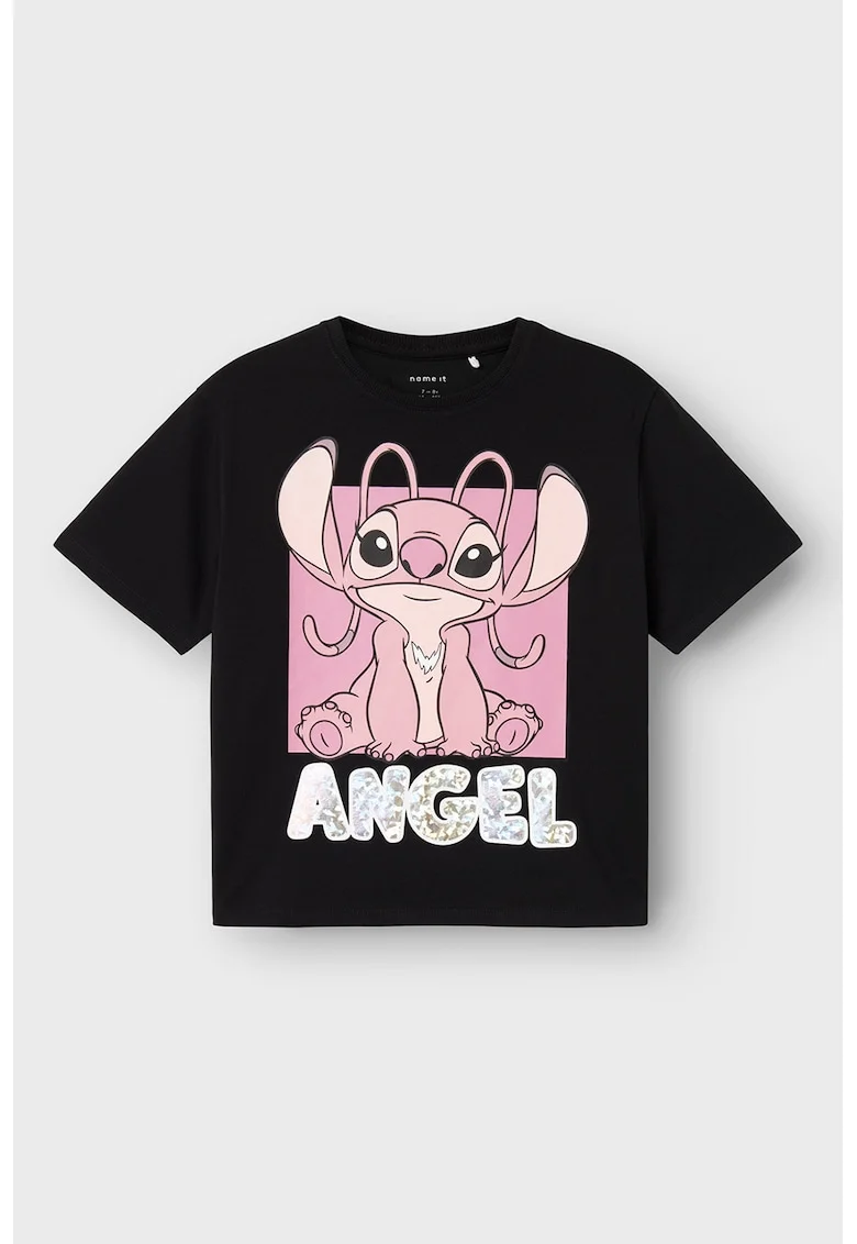 Tricou din amestec de bumbac cu imprimeu Stitch, Negru/Roz