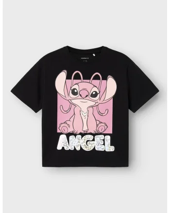 Tricou din amestec de bumbac cu imprimeu Stitch, Negru/Roz