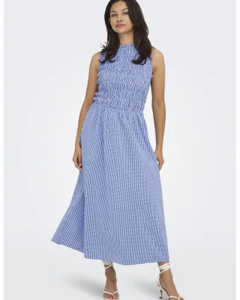 Rochie evazata cu model in carouri, Alb/Albastru
