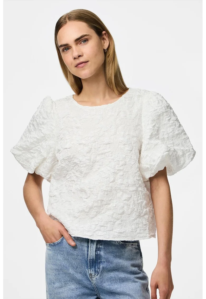 Bluza texturata cu maneci bufante, Alb