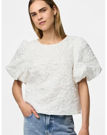 Bluza texturata cu maneci bufante, Alb